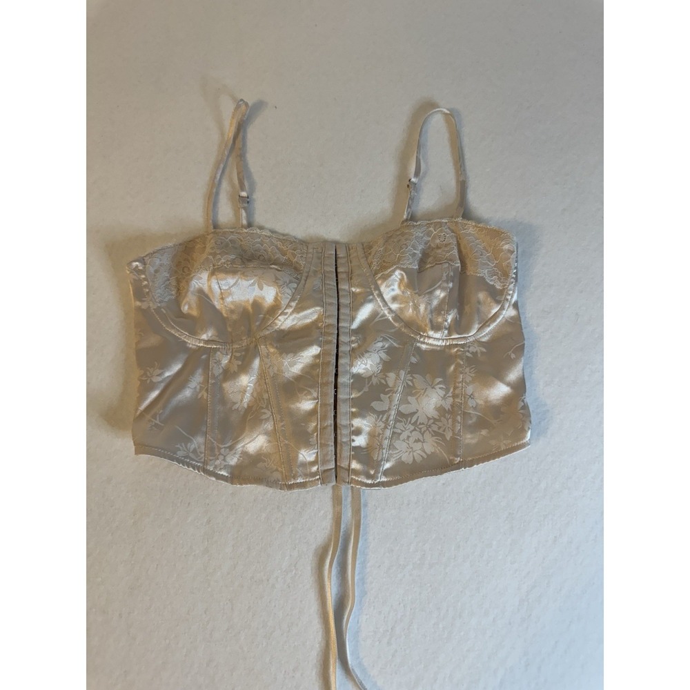 L.A. Hearts Champagne Satin Floral Lace Up Corset Crop Top Small